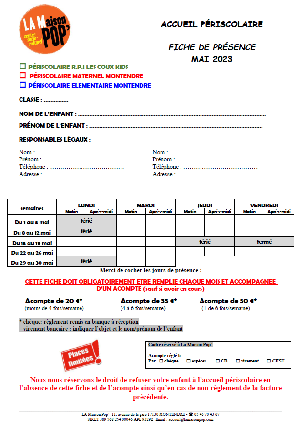 fiche inscription périscolaire mai